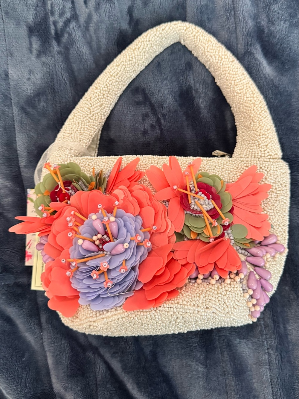 NWT- Beaded White Floral Appliqué Handbag